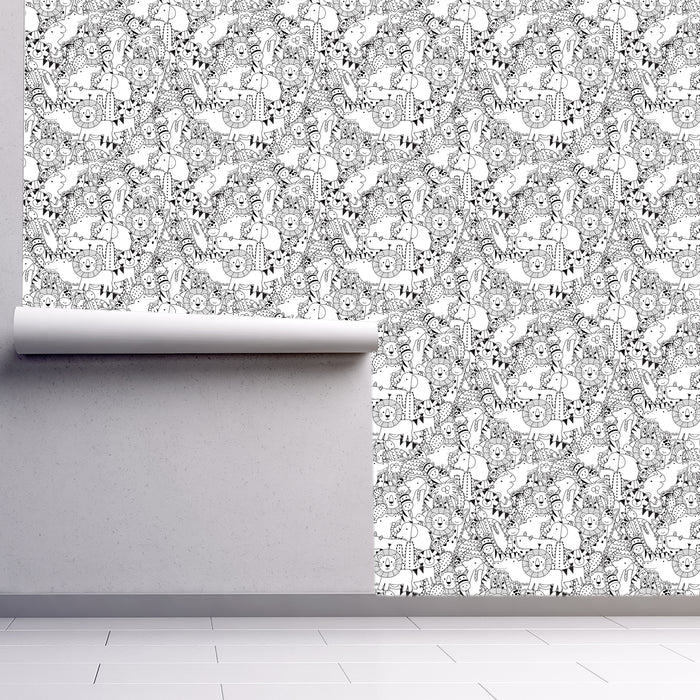 It's a Zoo, Cream, Outlined Animals in Black, Custom Wallpaper Design