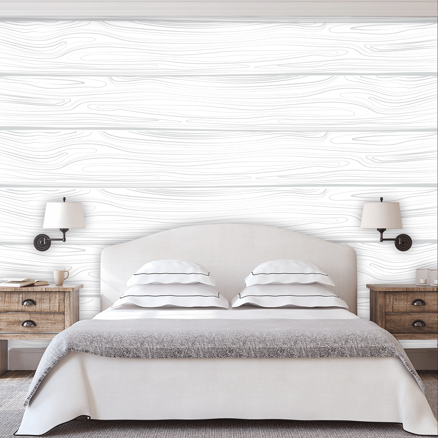 Faux Shiplap Mural of gray and white illustrated wood grain boards, Custom Wallpaper Design