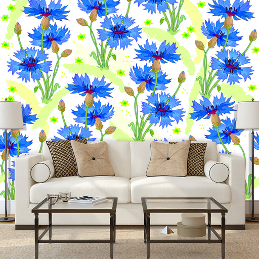 Blooming Blues Mural with large blue flowers and greenery, Custom Wallpaper Design 