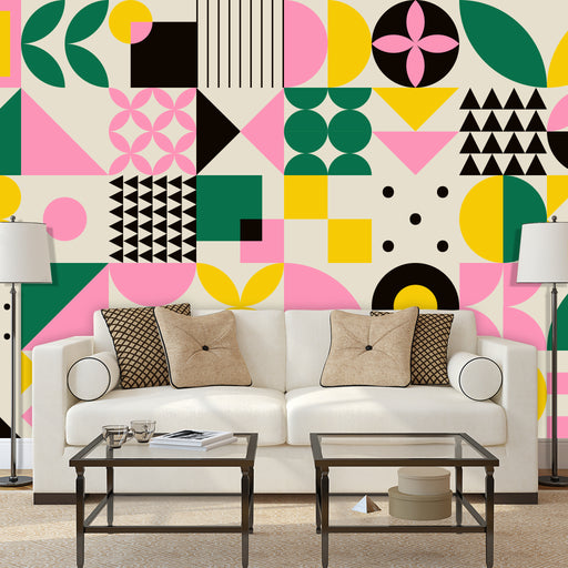 Etherial Elegance mural with geometric designs in pink, green, yellow on cream background, Custom Wallpaper Design