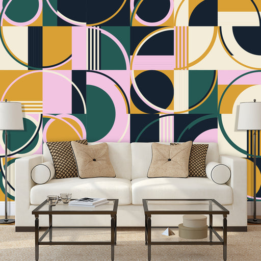 Abstract Ambiance mural with modern geometric designs in pink, green, and gold, Custom Wallpaper Design