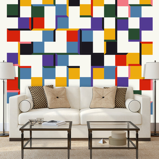 Calming Cube mural with blue, white, gold squares, Custom Wallpaper Design