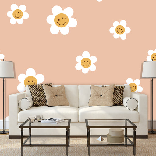 Dancing Daisy mural with white happy face daisies on peach background, Custom Wallpaper Design