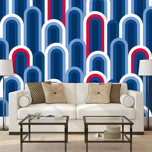 Upside drip mural with multiple blue, arches with white and red accents, Custom Wallpaper Design