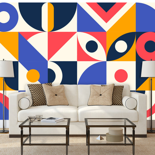 Transcendent mural with geometric shapes in blue, white and gold, Custom Wallpaper Design