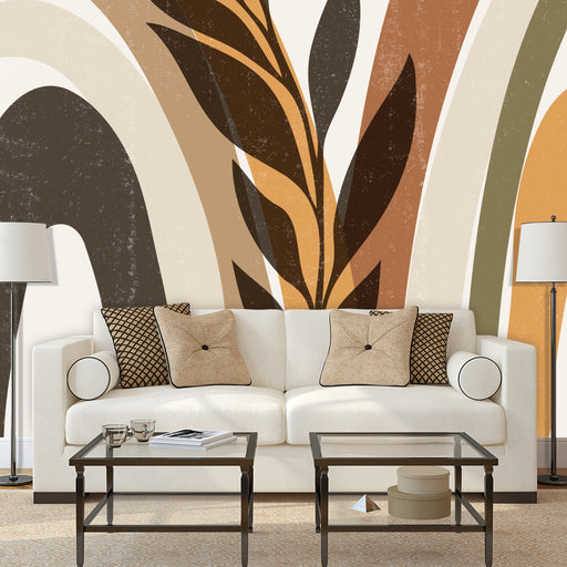 Fanning Fern mural with wide shades of brown lines and a fern leaf, Custom Wallpaper Design