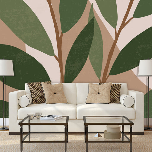 Tangled Twigs mural with oversized green leaves on a tan and white background, Custom Wallpaper Design