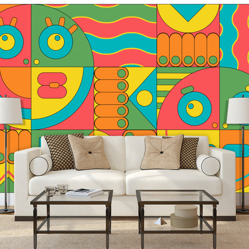 Groovy Faces mural with vibrant colors of abstract faces, Custom Wallpaper Design