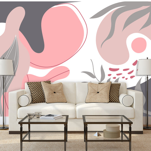 Pink Skies mural with pink and gray leaves on white background, Custom Wallpaper Design