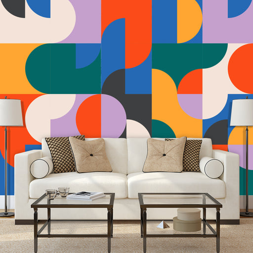 Aray of Colors Mural with modern geometric designs in blue, red, yellow and purple, Custom Wallpaper Design