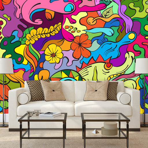 Rainbow Fish mural with groovy design with vibrant colors of fish and flowers, Custom Wallpaper Design
