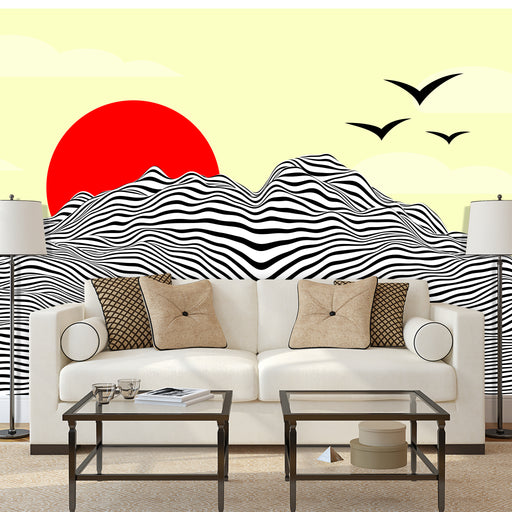 Striped Sea mural in black and white stripe sea, and red sun and yellow sky, Custom Wallpaper Design