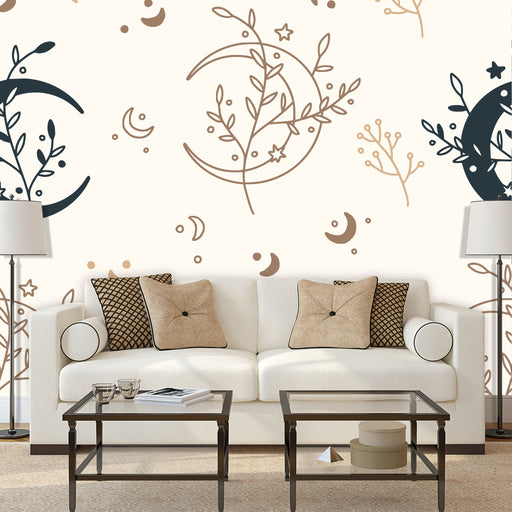 Moons Forest mural with moons and branches in tan and black on cream background, Custom Wallpaper Design
