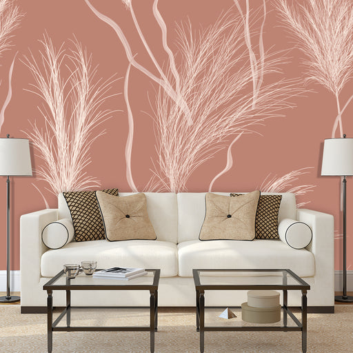 Pink Whimsical Twigs mural with large cream maiden grass and twigs on pink background, Custom Wallpaper Design