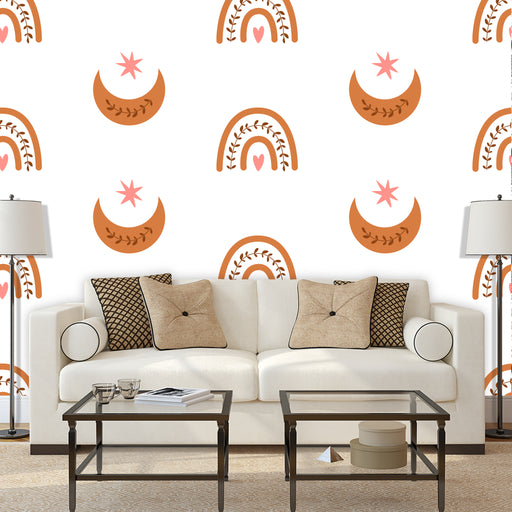 Rainbow Moons mural with moons and rainbows in orange with olive branch on white background, Custom Wallpaper Design