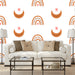 Rainbow Moons mural with moons and rainbows in orange with olive branch on white background, Custom Wallpaper Design