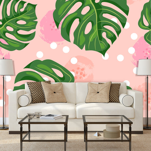 Peachy Palms mural with large palms and illustrated brushed peaches on pink background, Custom Wallpaper Design