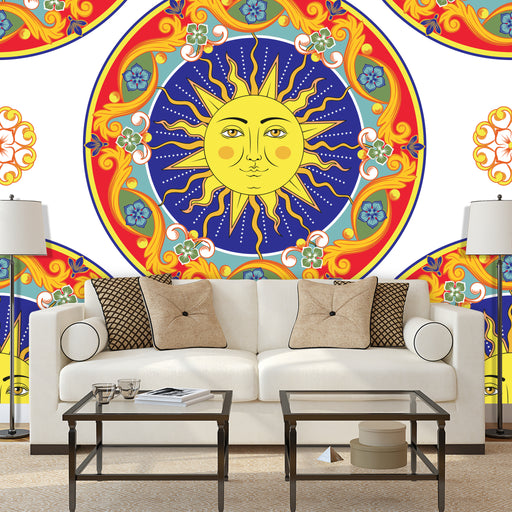 Sun Mandala mural with large mandala with sun face in the center, Custom Wallpaper Design