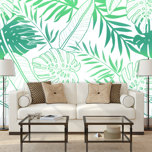 Tropical Palm Outline mural illustrated with shades of bright green tropical palm leaves on white background, Custom Wallpaper Design