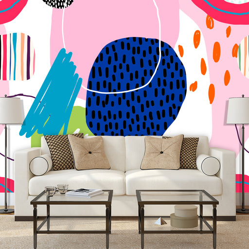 Circular Serenity mural is a modern abstract illustration of pink and blue on white background, Custom Wallpaper Design