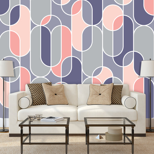 Abstract Oval mural is modern abstract design with pink, gray and purple ovals overlapping, Custom Wallpaper Design