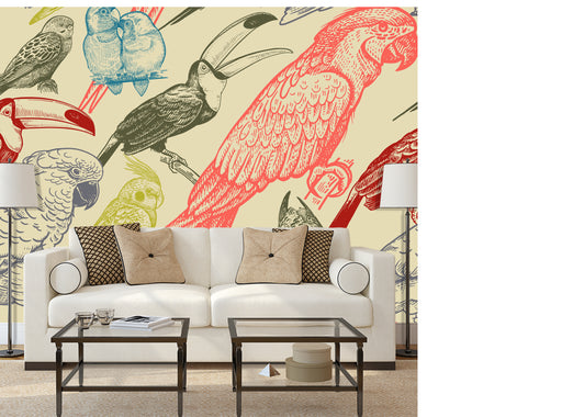 Birds of Paradise mural of different colorful illustrated parrots, Custom Wallpaper Design