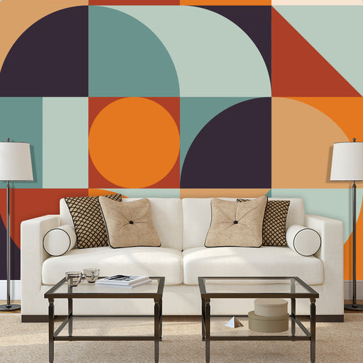Sun in a Circle mural with modern design of geometric shapes in plum, teal and orange, Custom Wallpaper Design