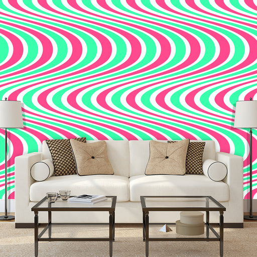 Trippy Waves mural pink, green and white groovy waves, Custom Wallpaper Design