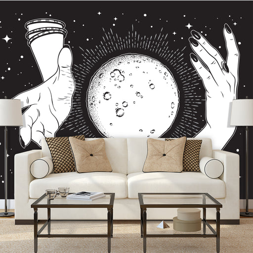 Moon Power mural is black and white boho illustration of hands around the moon, Custom Wallpaper Design