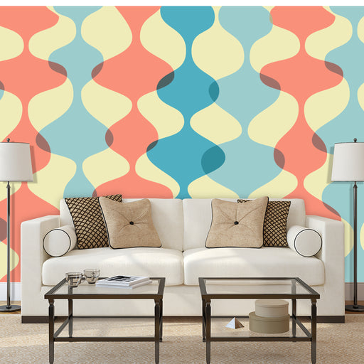 Pink and Blue Striped mural with pink and blue wavy columns on yellow background, Custom Wallpaper Design