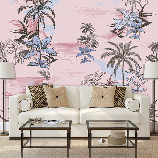 Sunset Tropical Landscape mural with drawn palm trees and tropical plants on pink sunset, Custom Wallpaper Design