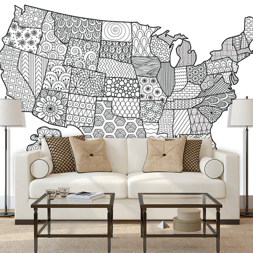 Doodle States mural of the united states in black and white and doodles on each state, Custom Wallpaper Design