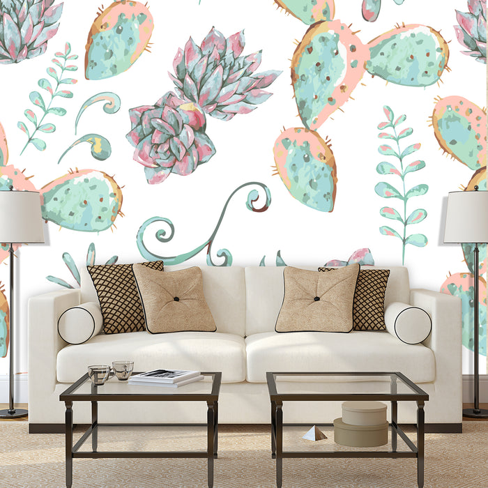 Flowered Cactus mural with colorful cacti and succulents on white background, Custom Wallpaper Design