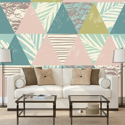 Pastel Triangles mural has pink and teal triangles with tropical designs, Custom Wallpaper Design