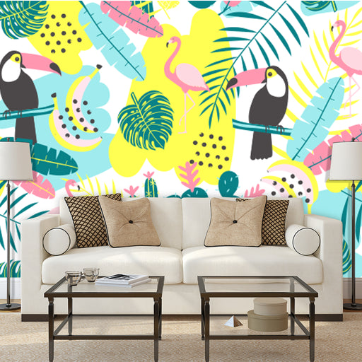Tropical Toucan  mural with vibrant colors and tucan and flamingos and tropical leaves, Custom Wallpaper Design