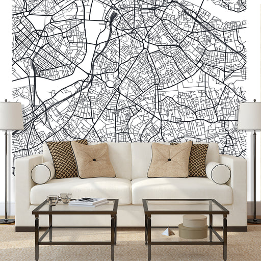Map of London mural of the London street grid in black on white background, Custom Wallpaper Design