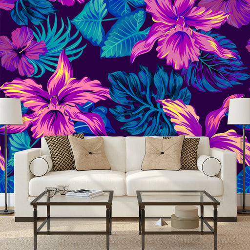 Palm and Vibrant flowers mural with palm leaves and tropical flowers, Custom Wallpaper Design