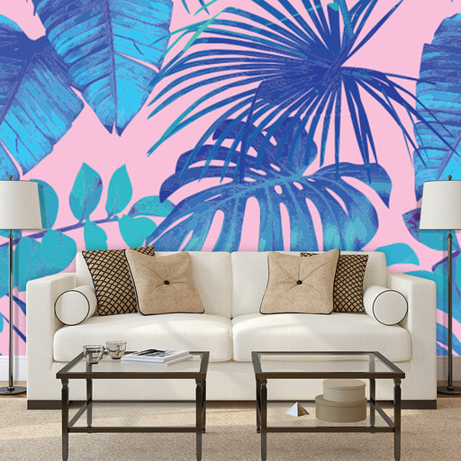 Pink and Blue Tropics mural with large tropical leaves in blue on pink background, Custom Wallpaper Design