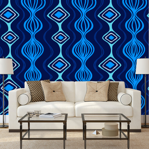 Kaleidoscope of Blues mural, modern style of geometric columns in blue, Custom Wallpaper Design