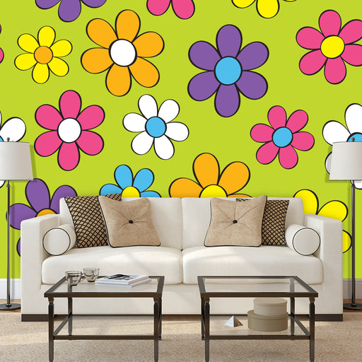 Flower Power mural with bright color daisies on lime green background, Custom Wallpaper Design