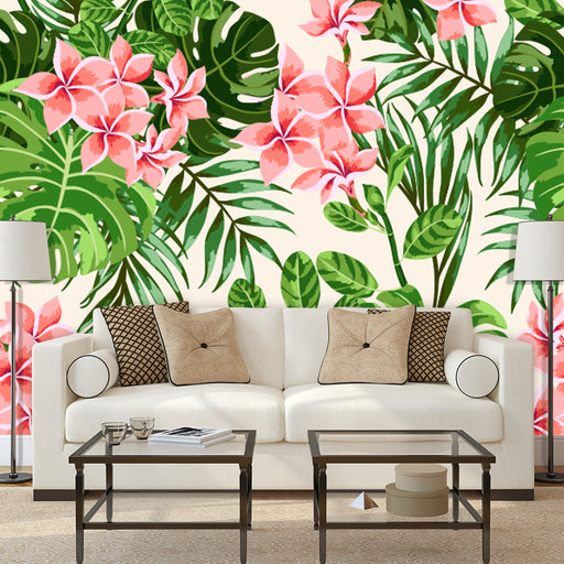 Garden of Dreams mural with tropical plants and red jasmine on white background, Custom Wallpaper Design
