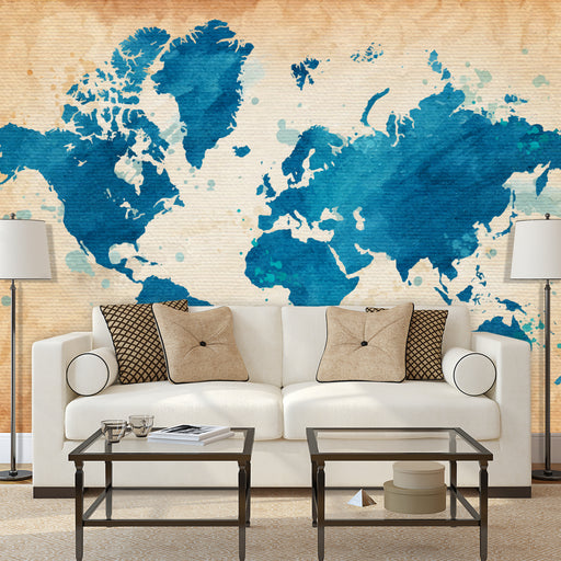 Canvas Map mural of watercolor style world map in blue with sepia background, Custom Wallpaper Design