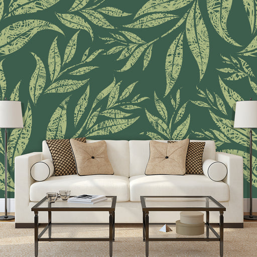Shades of Green mural of designed green leaves on dark green background, Custom Wallpaper Design