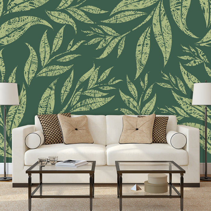 Shades of Green mural of designed green leaves on dark green background, Custom Wallpaper Design