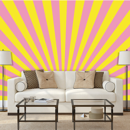 Sun Rays mural in pink and yellow fill up the entire wall, Custom Wallpaper Design