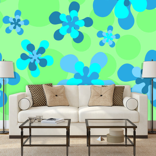 Groovy Neon Flower mural of bright blue flowers on lime green background, Custom Wallpaper Design