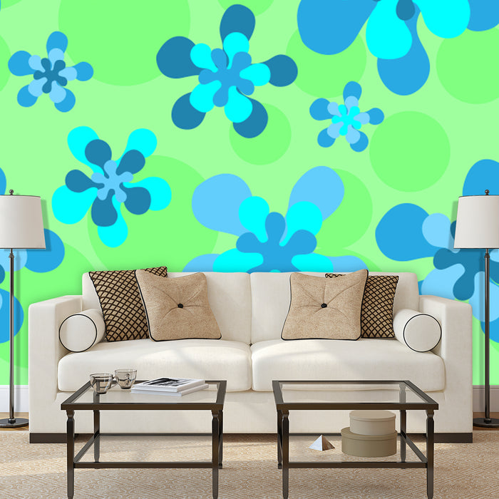 Groovy Neon Flower mural of bright blue flowers on lime green background, Custom Wallpaper Design