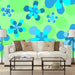 Groovy Neon Flower mural of bright blue flowers on lime green background, Custom Wallpaper Design