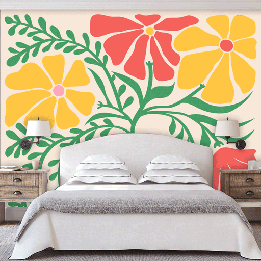 Garden of Dreams mural, large yellow and red flower design with green stem, Custom Wallpaper Design