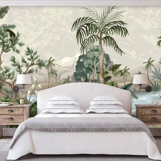 Paradise Palms mural with calming palm tree landscape, Custom Wallpaper Design